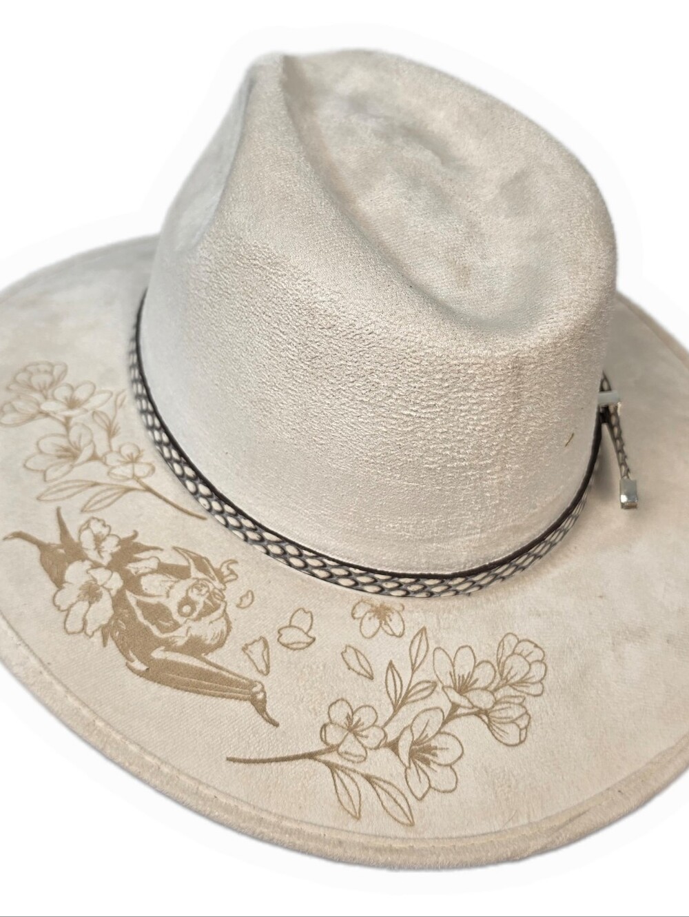 Bat Floral White Suede Sun Hat with Leather Snake Band Size Large